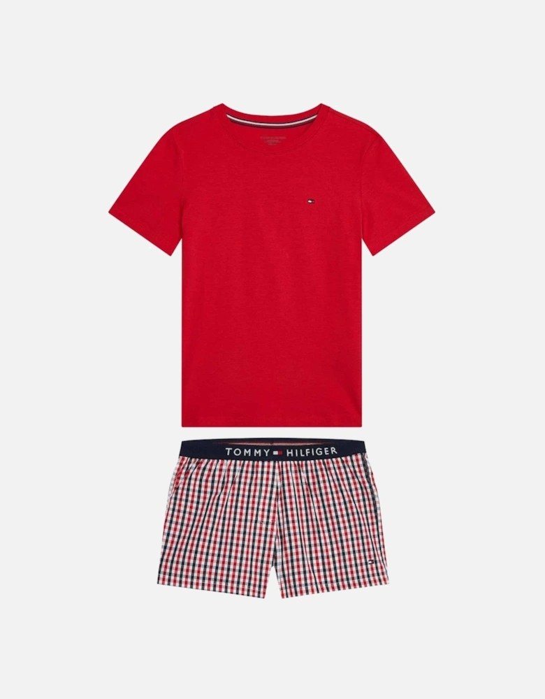 Girls Short Pyjama Set, Woven Check Primary Red and Gingham