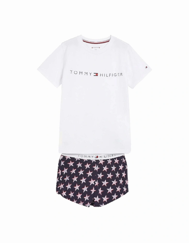 Girls Original Short Print Pyjama Set, Offset Stars/White