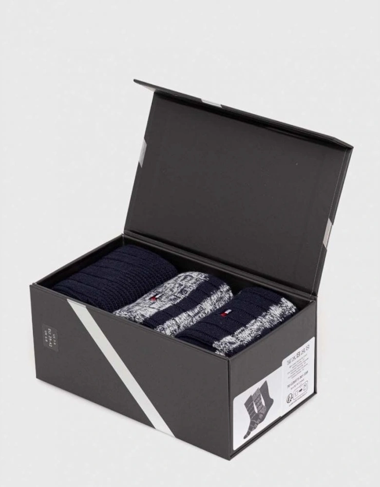 3-Pack Slub Mouline Stripe Boot Socks Gift Box, Navy Combo