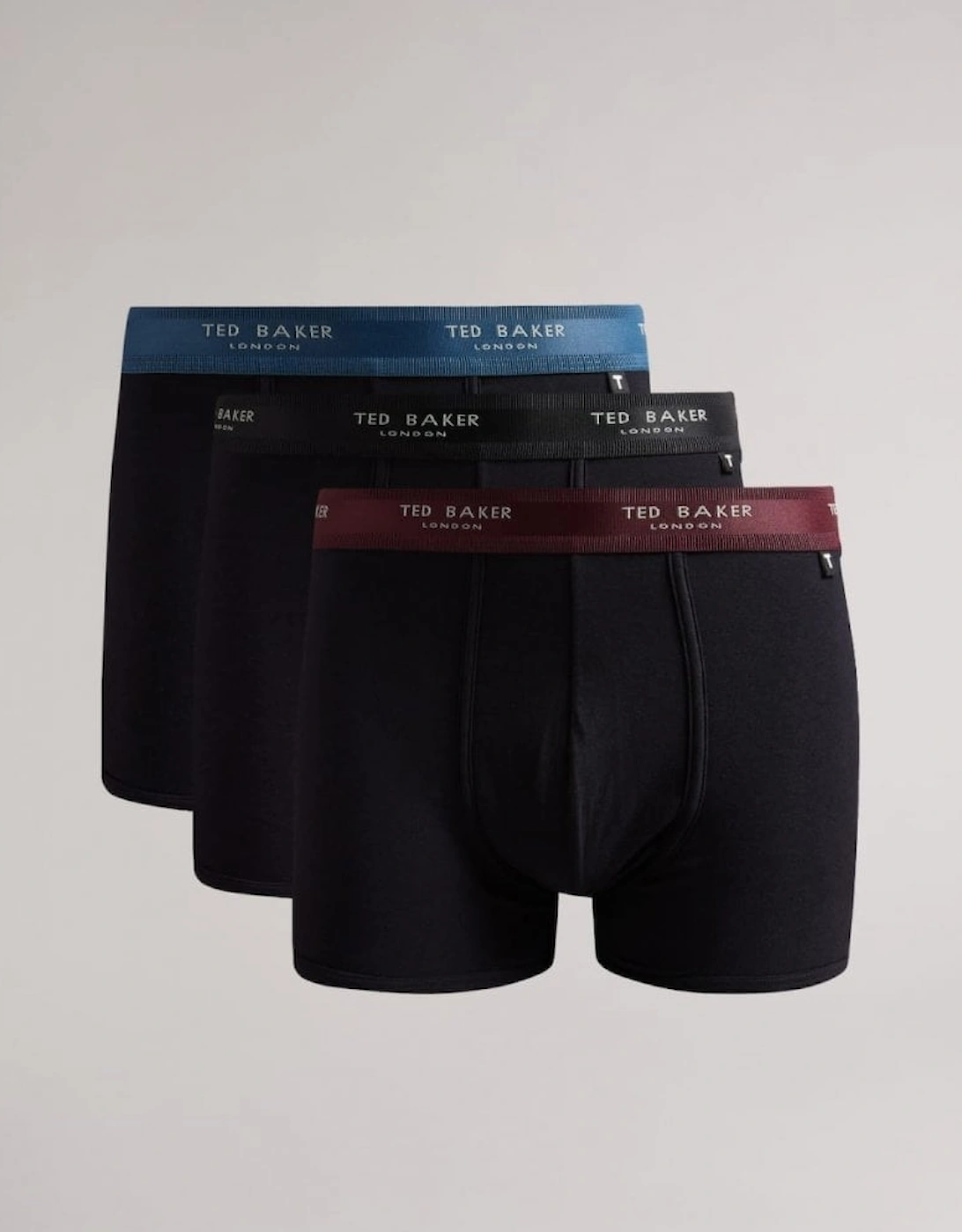 3-Pack Contrast Waistband Boxer Trunks, Black w/ burgundy/teal