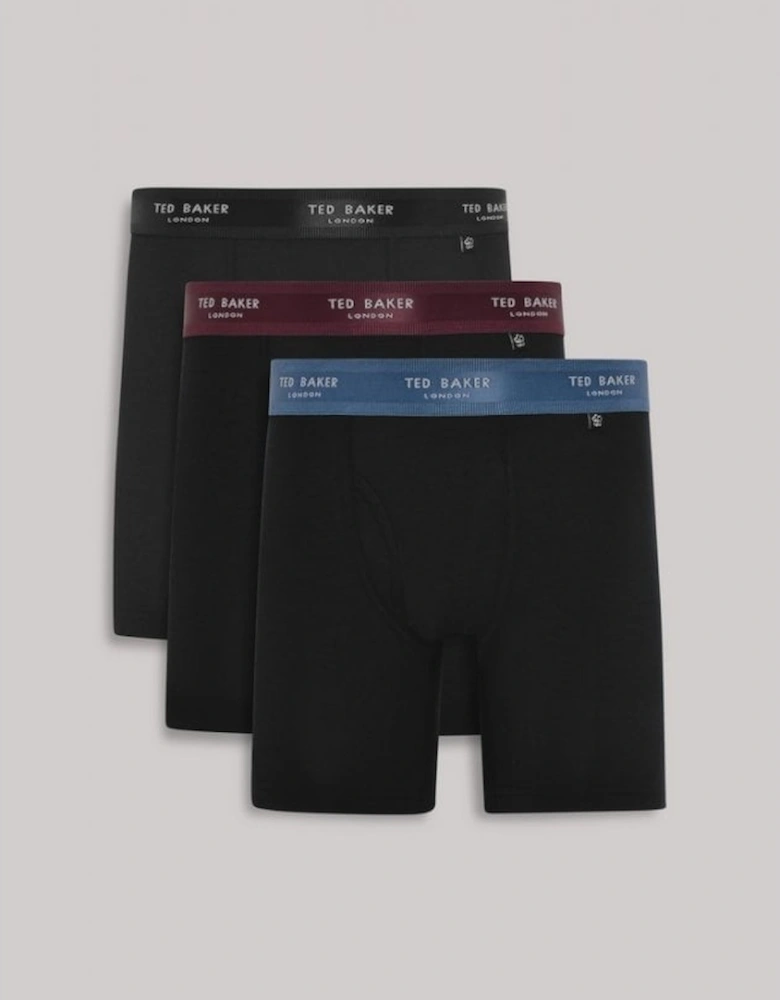 3-Pack Contrast Waistband Boxer Trunks, Black w/ burgundy/teal