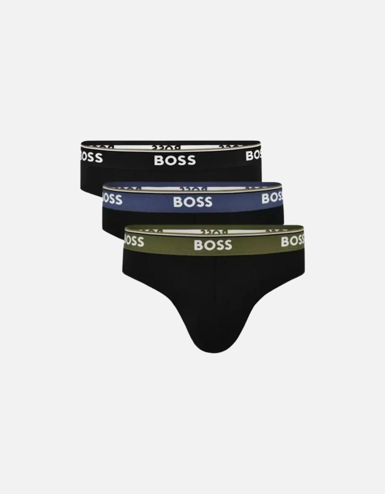 3-Pack Power Contrast Waistband Briefs, Black w/ blue/khaki