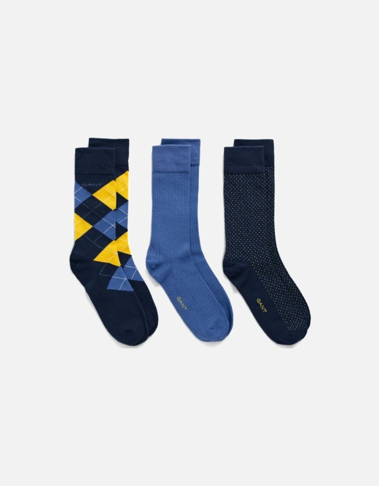 3-Pack Argyle/Ribbed/Dots Socks Gift Box, Blue/Navy