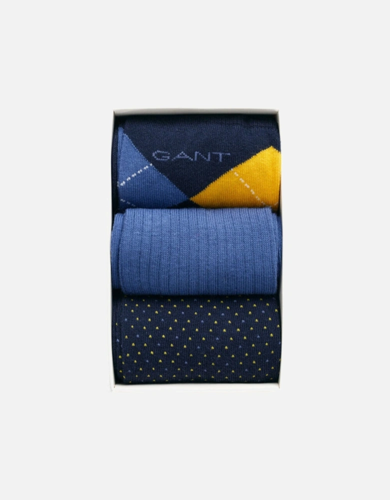 3-Pack Argyle/Ribbed/Dots Socks Gift Box, Blue/Navy