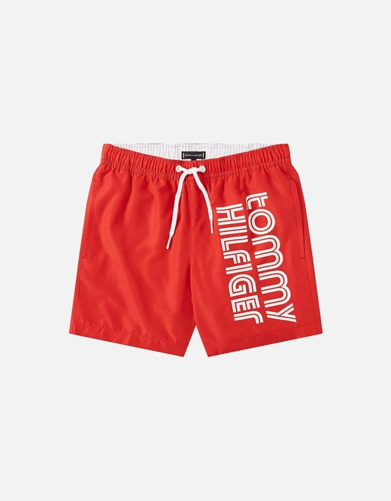 Boys Logo Drawstring Swim Shorts, Red Glare