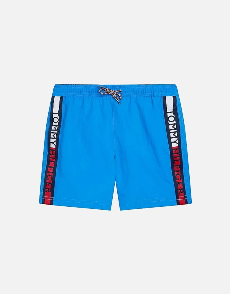 Boys Logo Mid Length Drawstring Swim Shorts, Island Blue