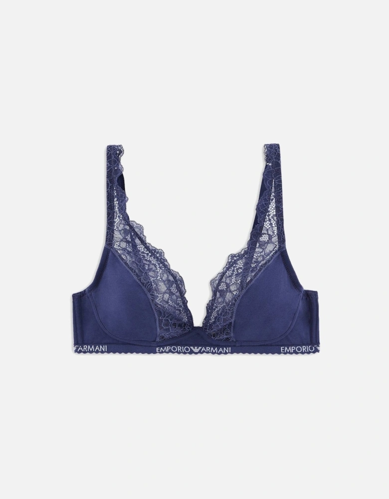 Floral Lace Stretch Cotton Bralette, Indigo Blue