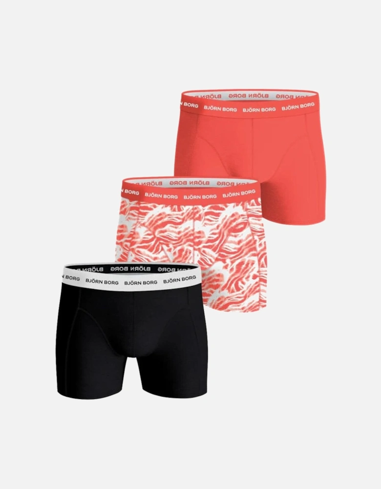 3-Pack Wavy Print Boxer Trunks, Coral/black