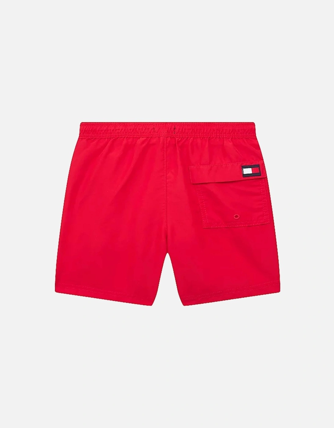 Boys Logo Regular Fit Mid Length Drawstring Swim Shorts, Primary Red