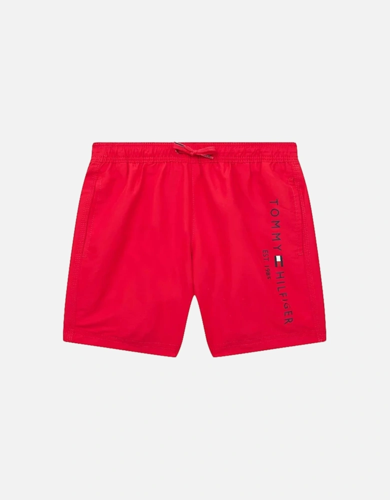 Boys Logo Regular Fit Mid Length Drawstring Swim Shorts, Primary Red