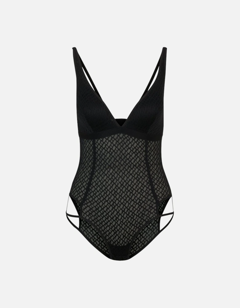 Luxe B-Lace Bodysuit, Black w/ gold metal logo