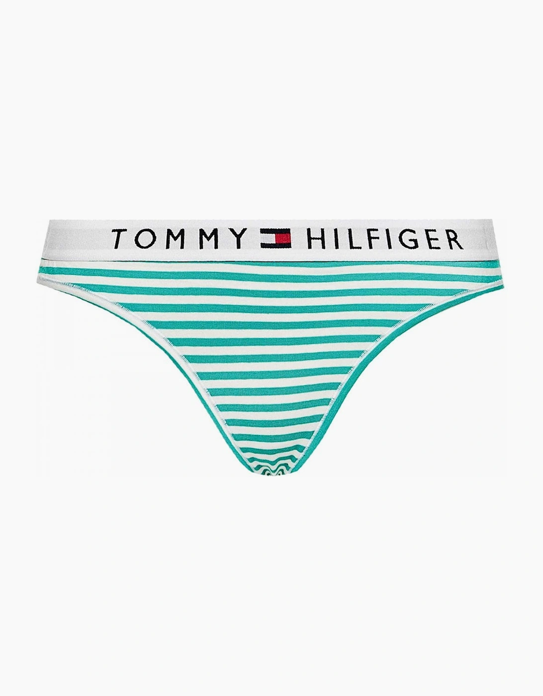 Tommy Hilfiger Women's Organic Cotton Logo Thong, Ministripe/Emerald - White - Size: 8