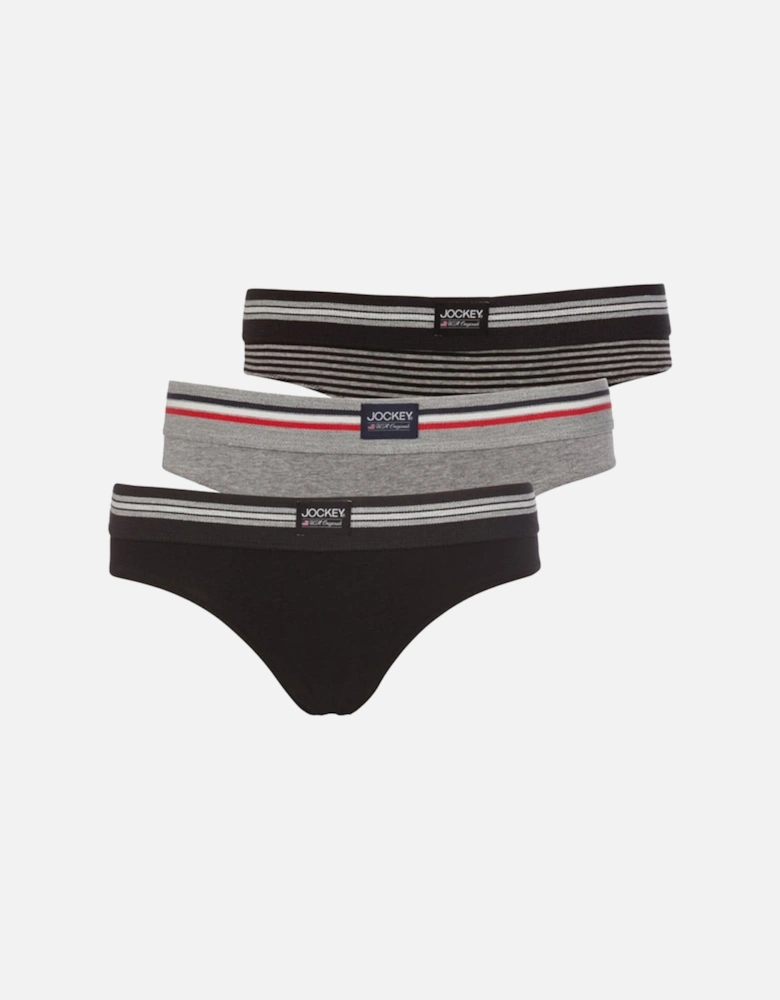 Cotton Stretch 3-Pack Bikini Briefs, Black / Black Stripe / Stone Grey