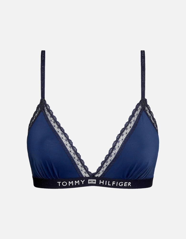 TH Tonal Logo Lace Unlined Triangle Bra, Navy