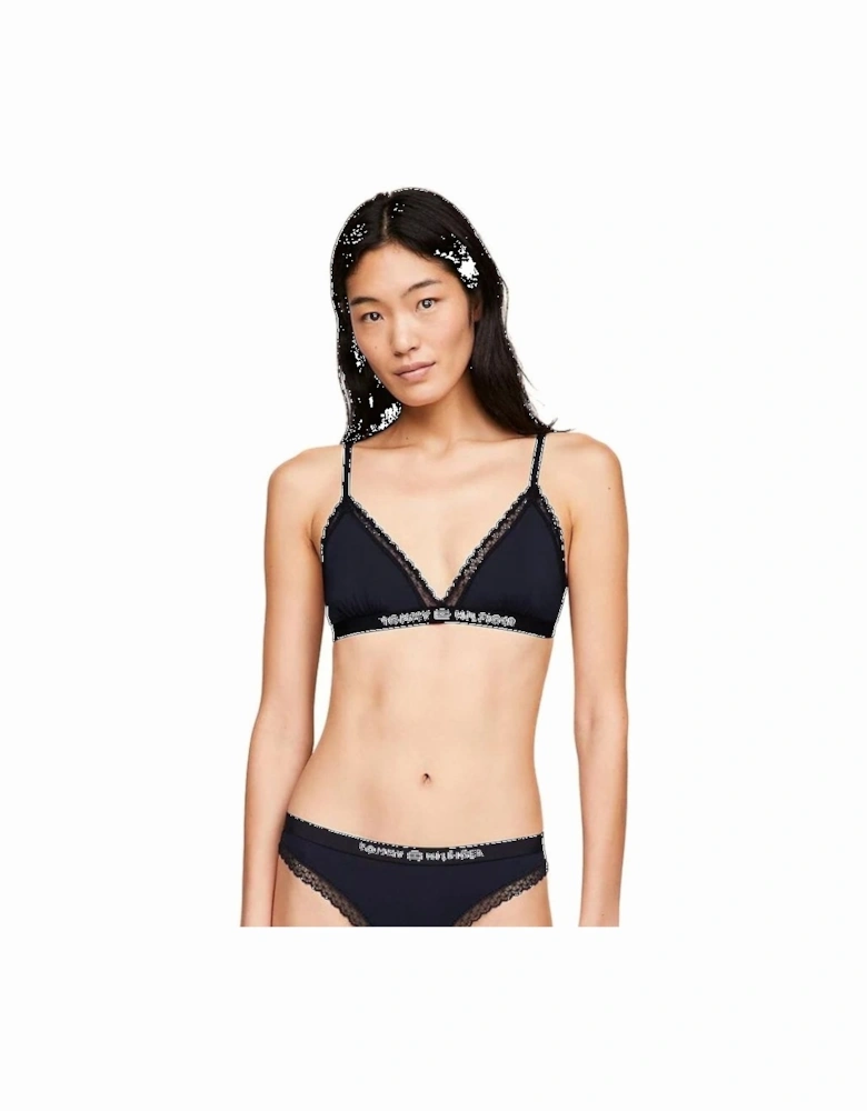 TH Tonal Logo Lace Unlined Triangle Bra, Navy