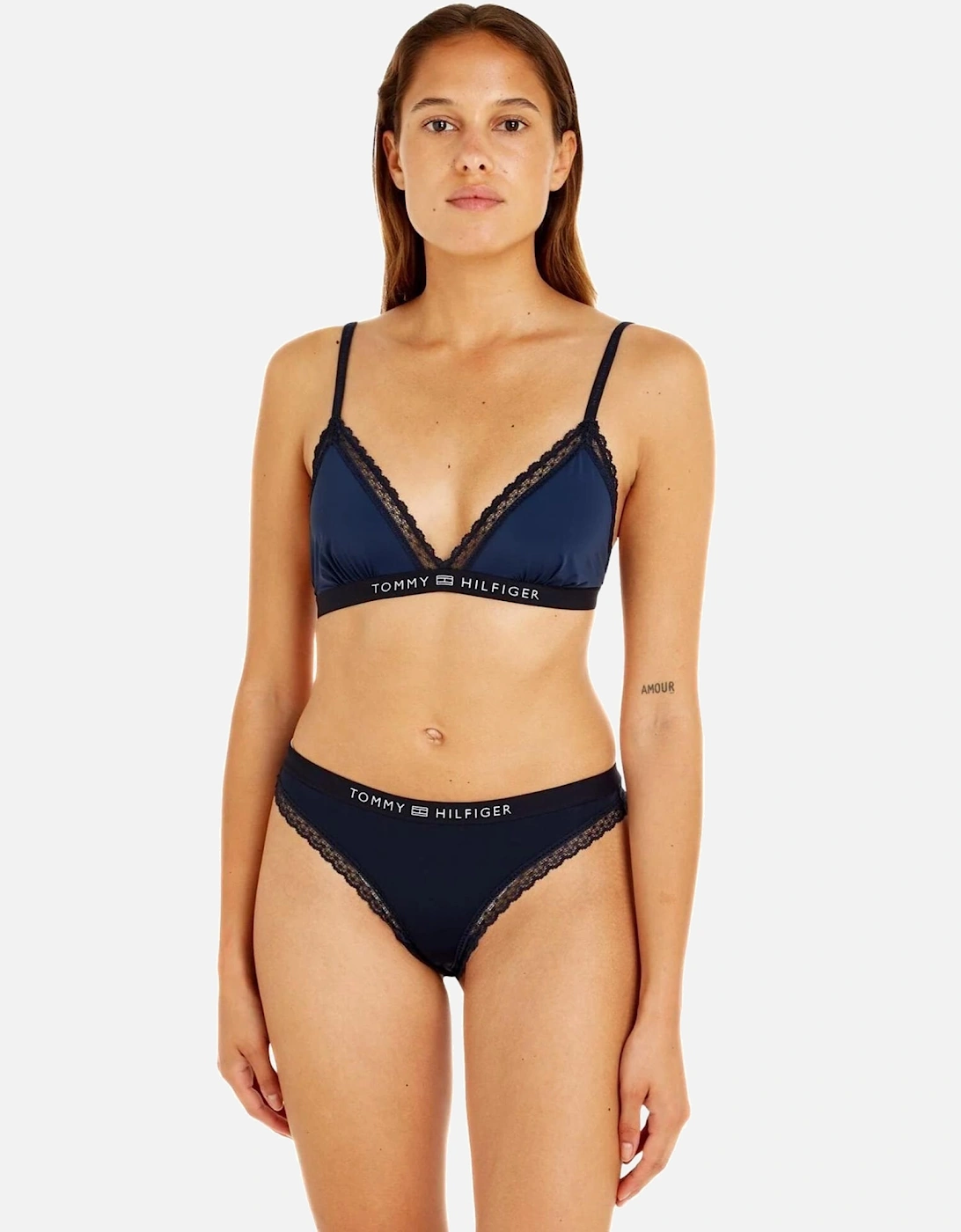 TH Tonal Logo Lace Unlined Triangle Bra, Navy