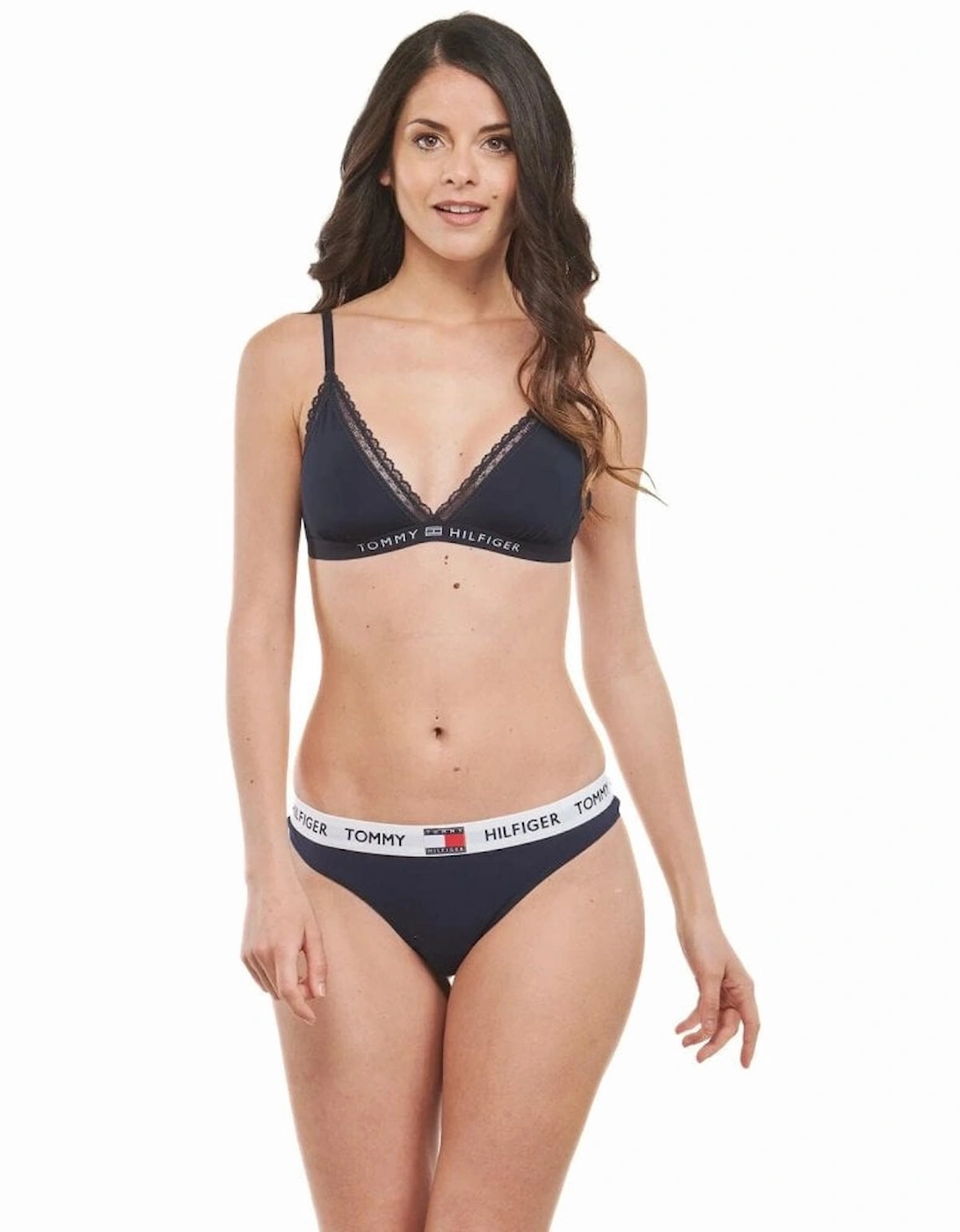 TH Tonal Logo Lace Unlined Triangle Bra, Navy