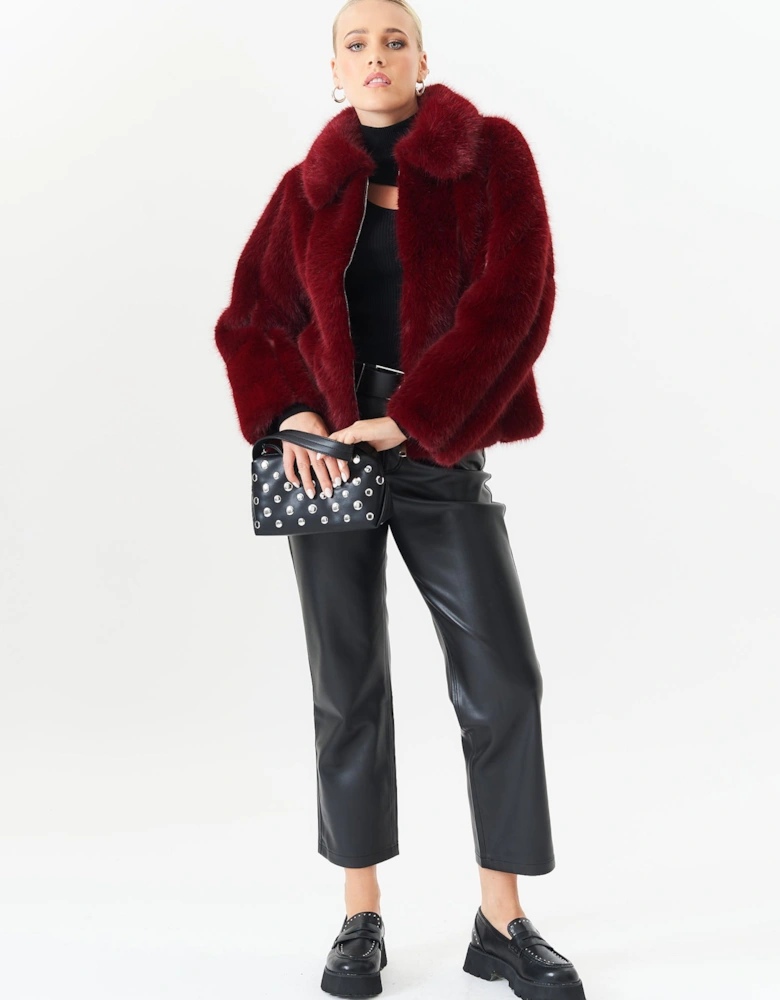 Burgundy Zip Front Faux Fur Short Jacket