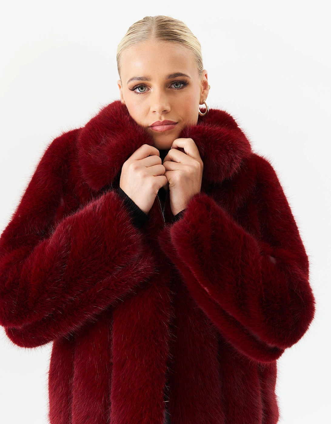 Burgundy Zip Front Faux Fur Short Jacket