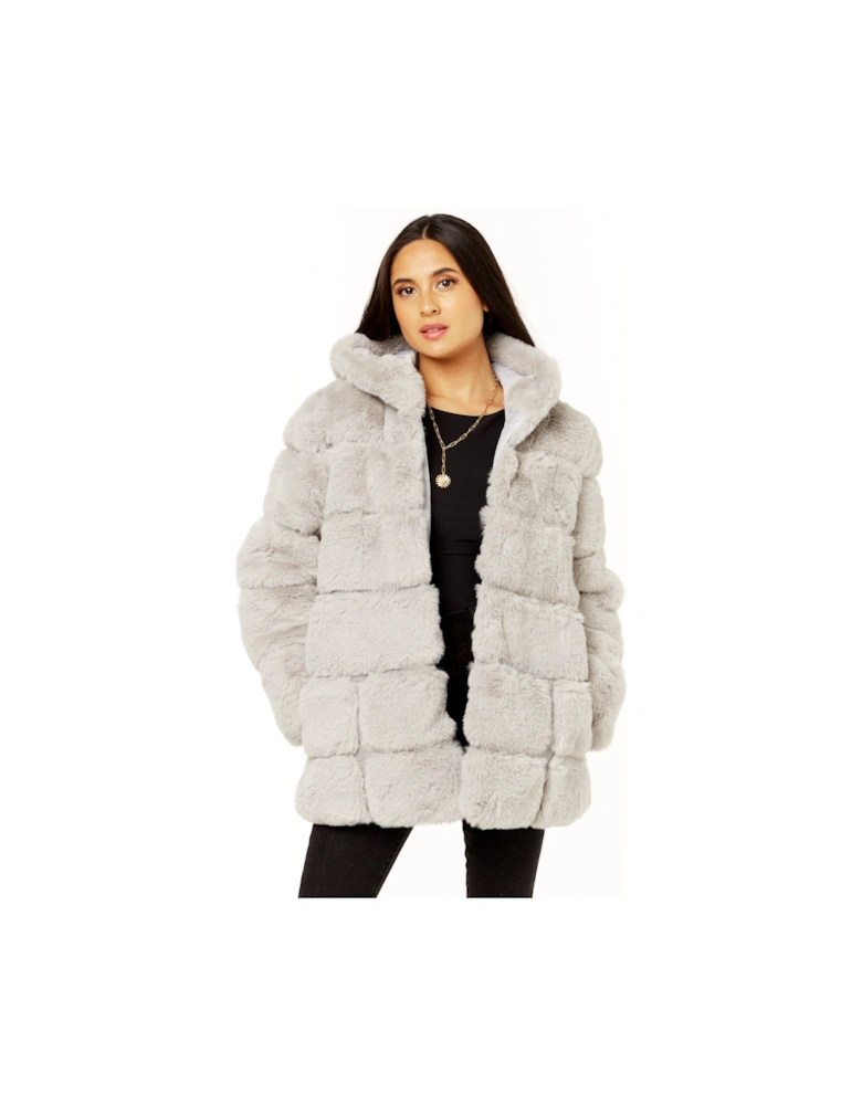 Silver Horizontal Cut Fur Hooded Jacket