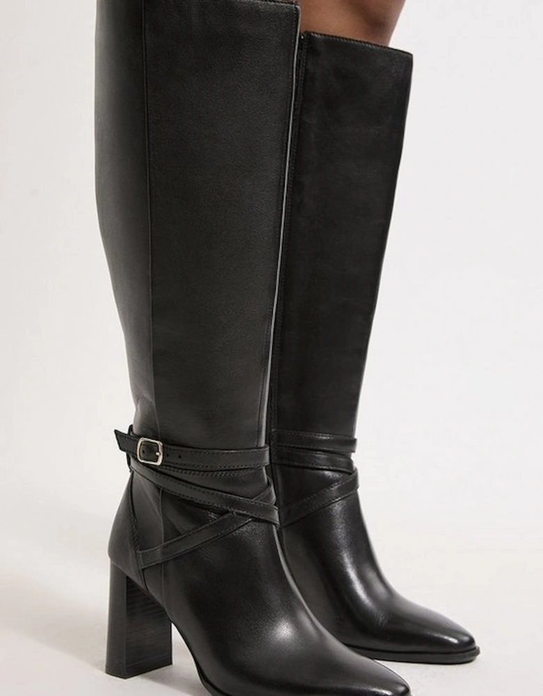 Leather Heeled Buckle Detail Knee High