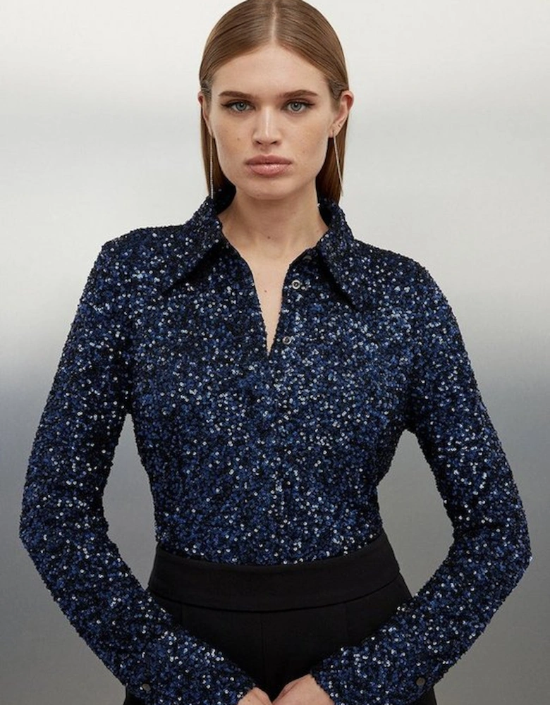 Stretch Sequin Collar Long Sleeve Shirt