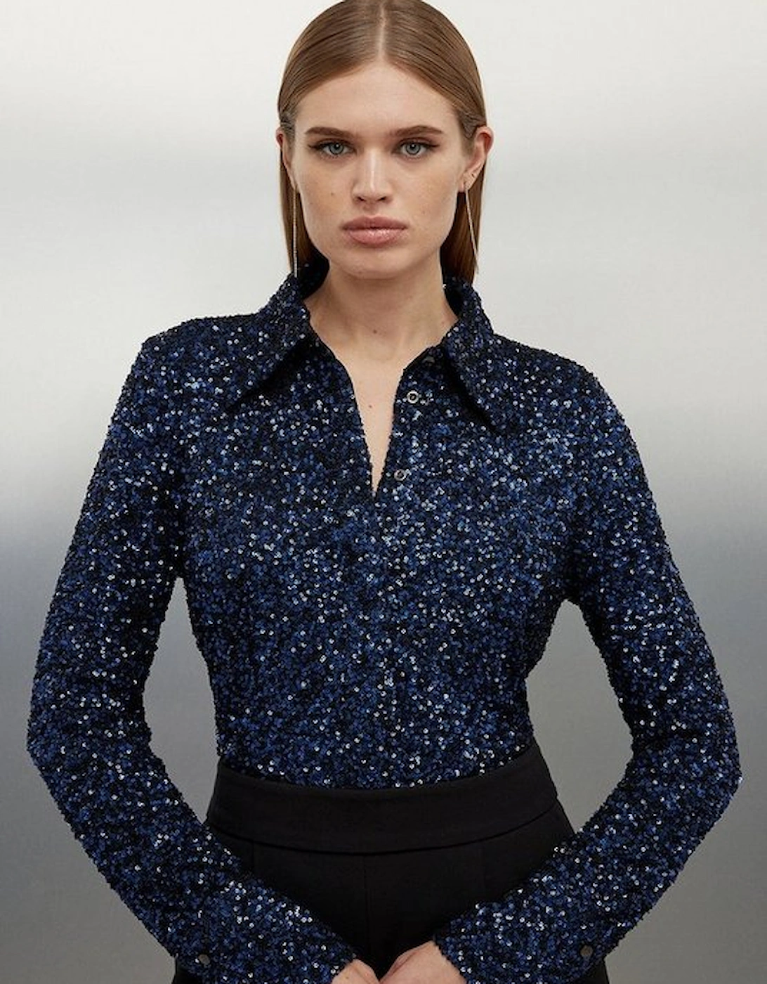 Stretch Sequin Collar Long Sleeve Shirt, 5 of 4