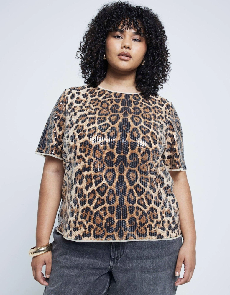 Sequin Animal Print Tee - Light Beige