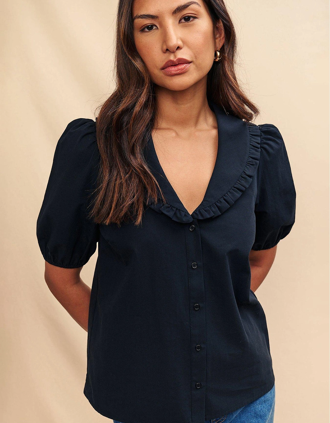 Puff Sleeve V Neck Blouse - Black