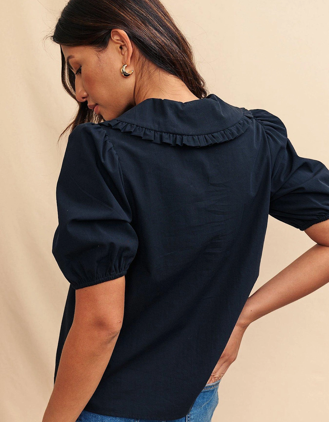 Puff Sleeve V Neck Blouse - Black