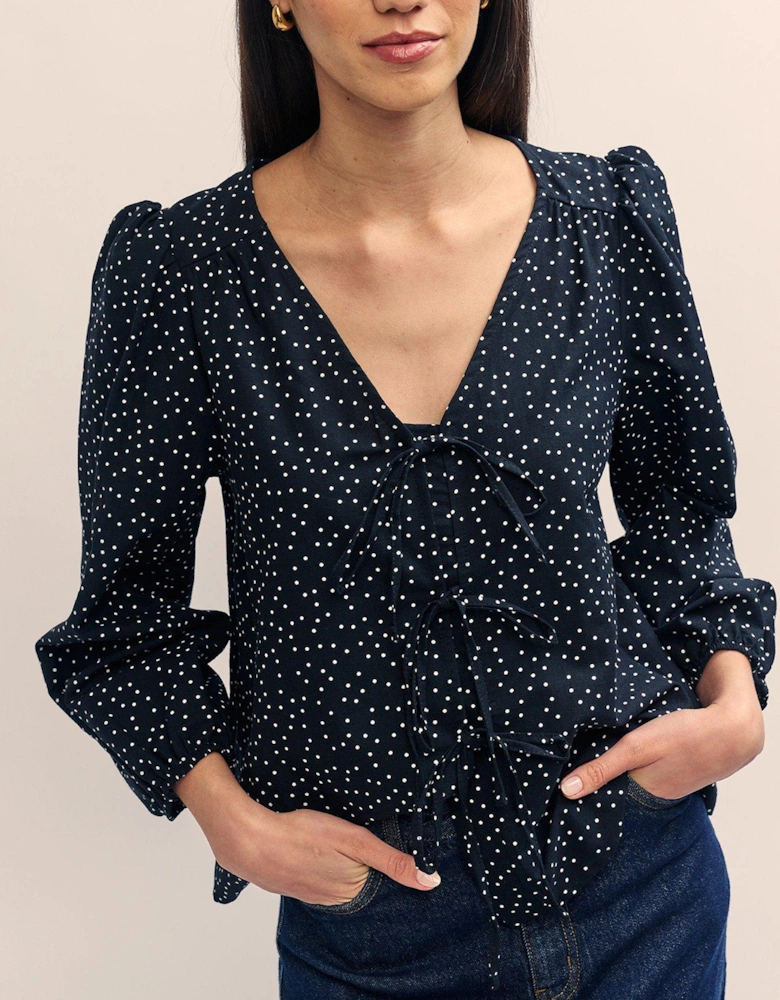 Spot Print Long Sleeve Tie Detail Top - Brown - Multi