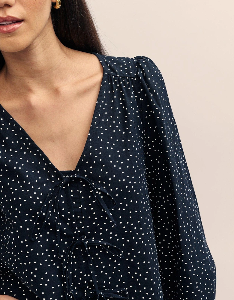 Spot Print Long Sleeve Tie Detail Top - Brown - Multi