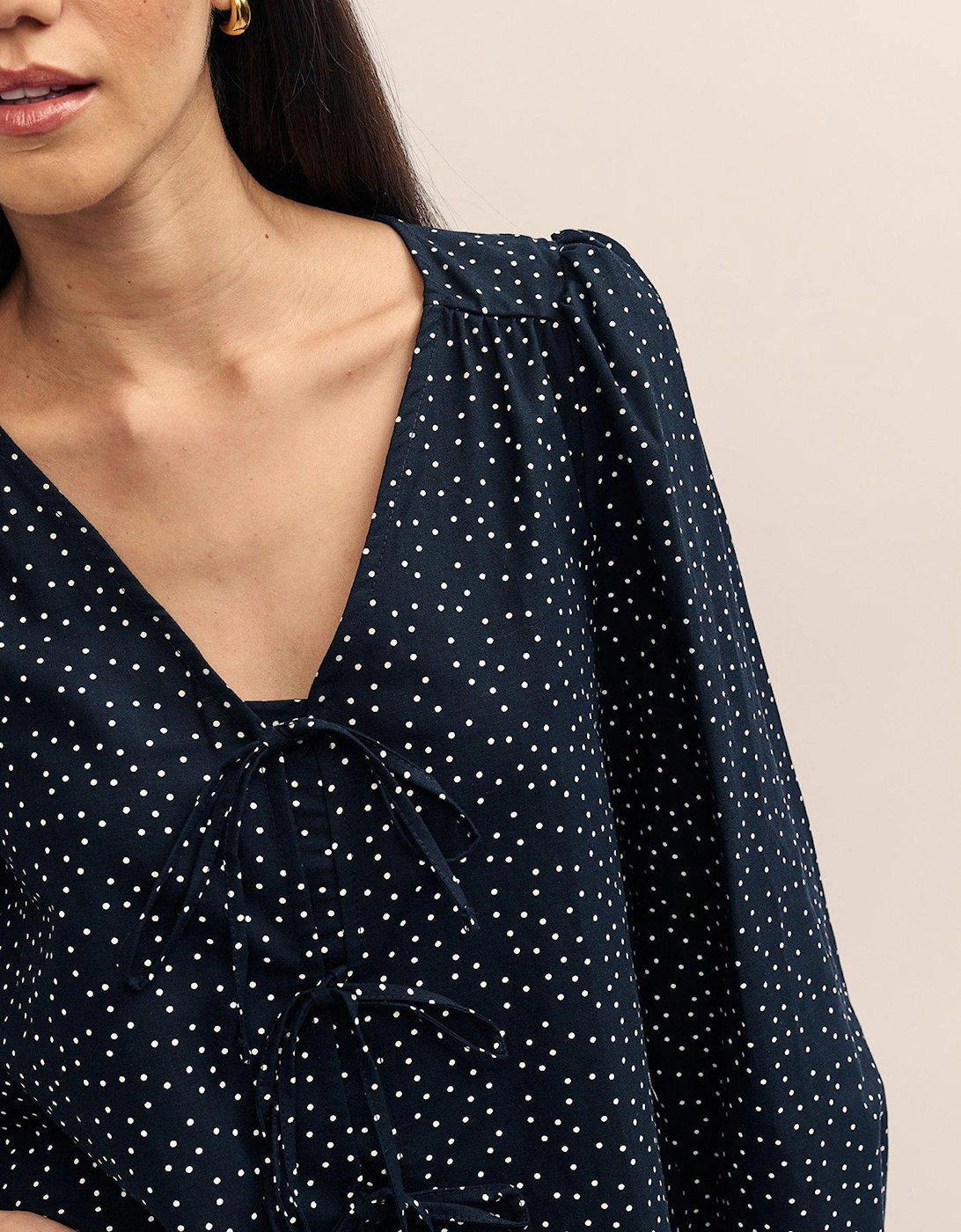 Spot Print Long Sleeve Tie Detail Top - Brown - Multi