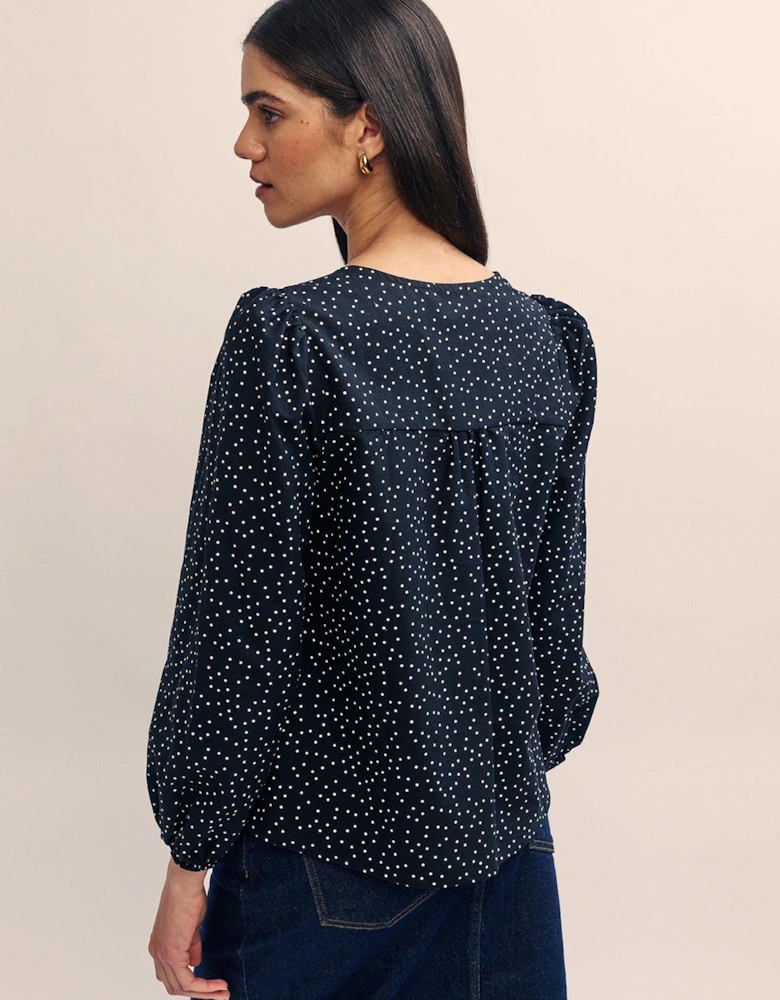 Spot Print Long Sleeve Tie Detail Top - Brown - Multi