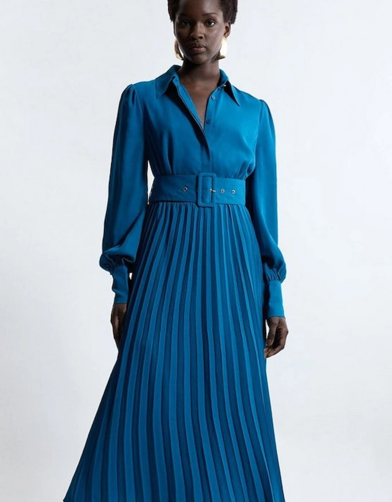 Pleated Woven Maxi Shirt Dress With Belt