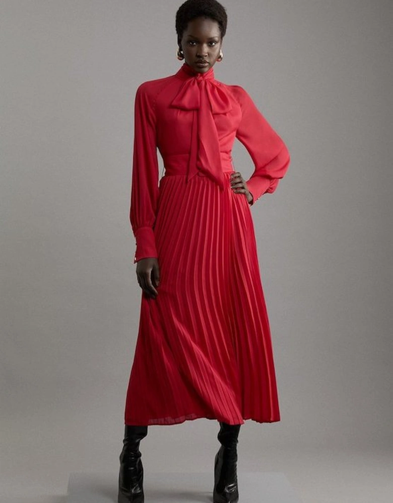 Pleated Tie Neck Woven Maxi Dress With Belt