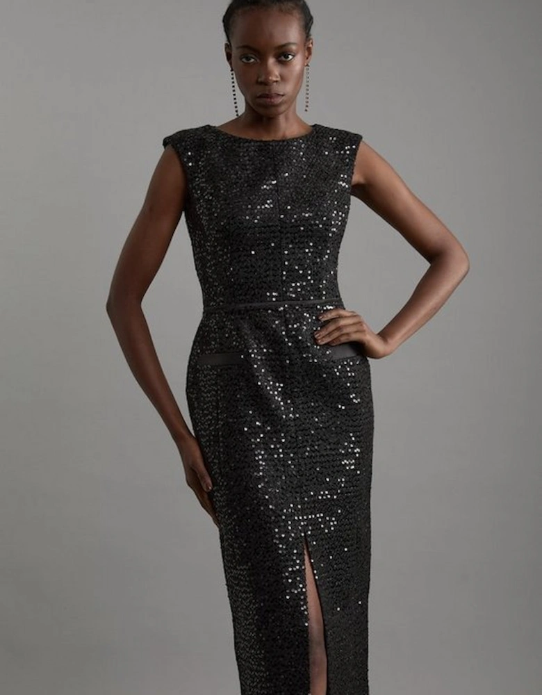 Tailored Sequin Tweed Drop Waist Midi Dress