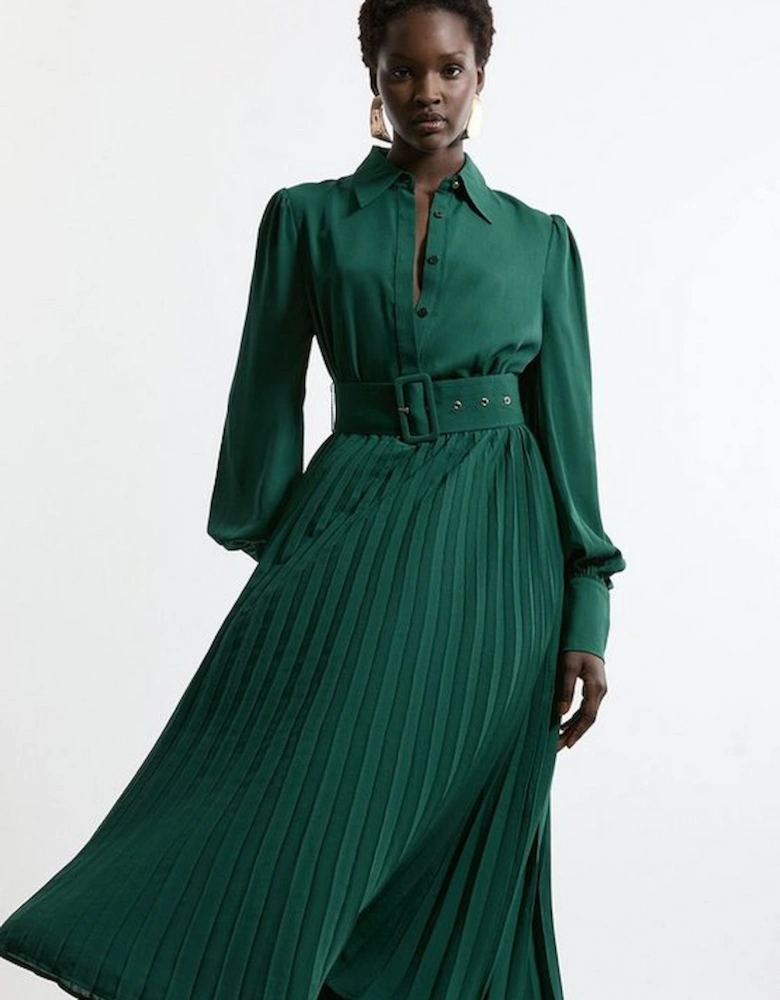 Pleated Woven Midaxi Shirt Dress With Belt