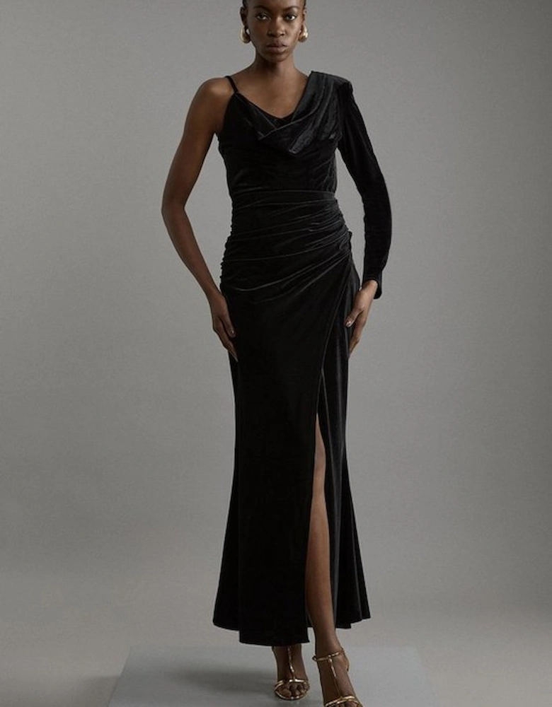 Velvet Asymmetric One Shoulder Tailored Maxi Dress