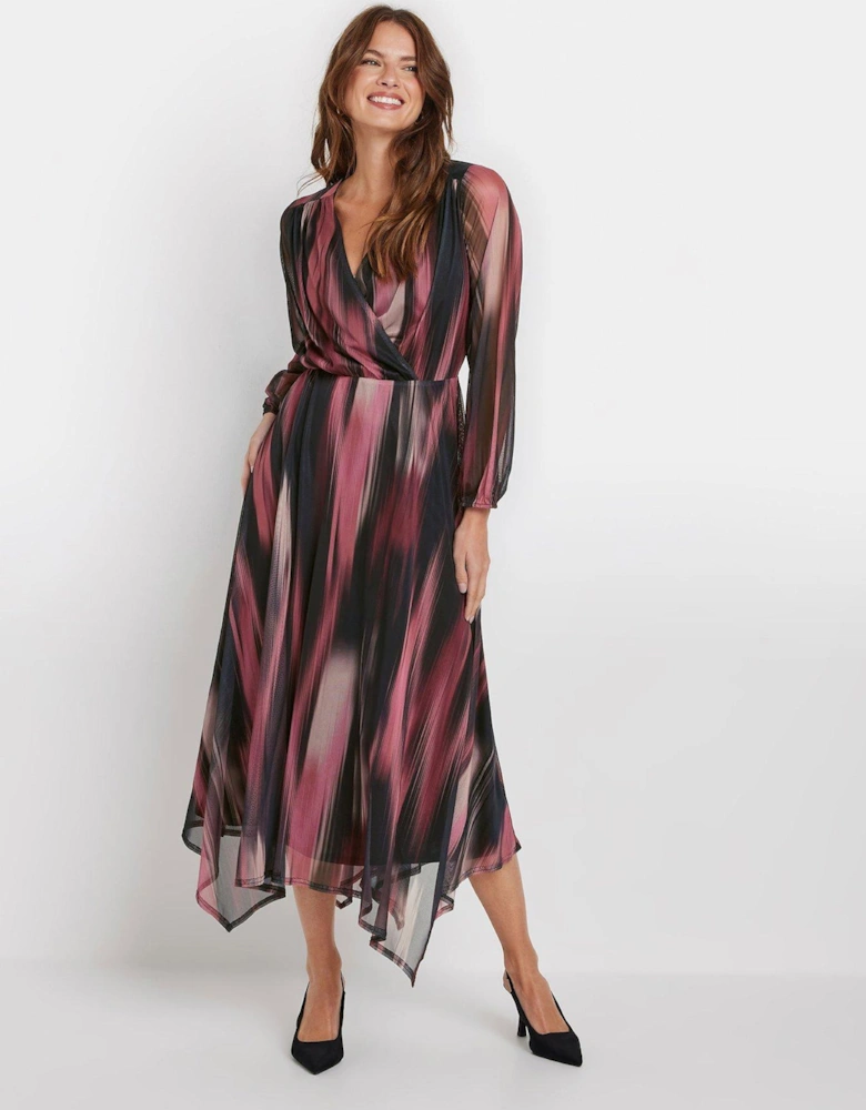 Blur Print Wrap Mesh Dress - Red