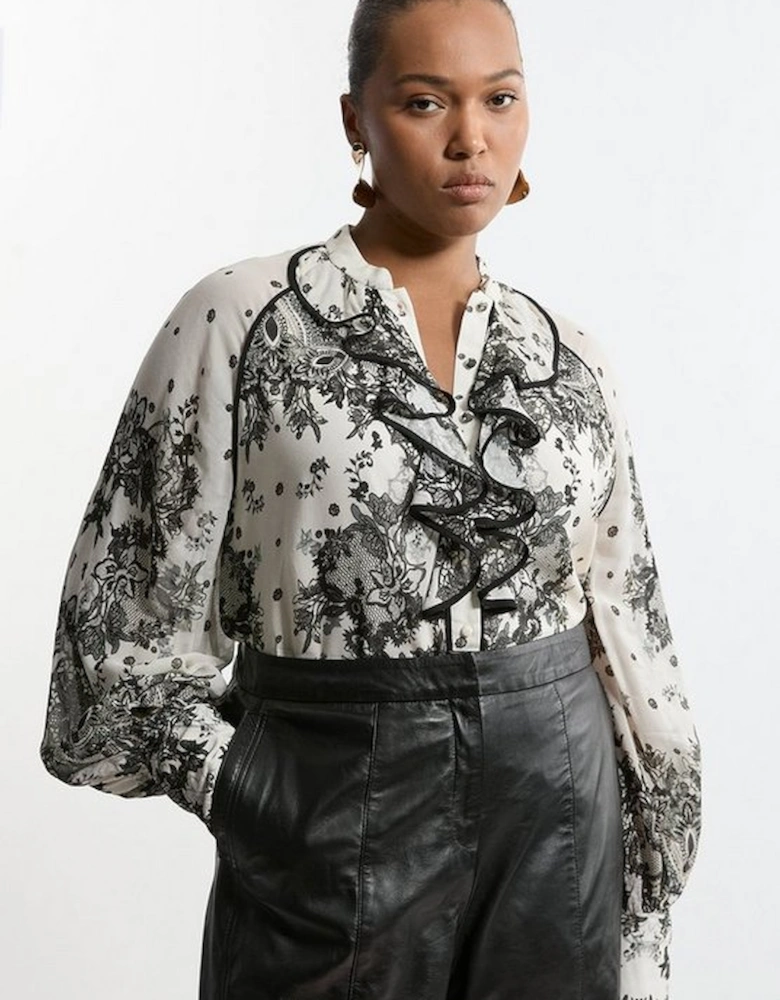 Plus Size Viscose Crinkle Placed Lace Printed Blouse