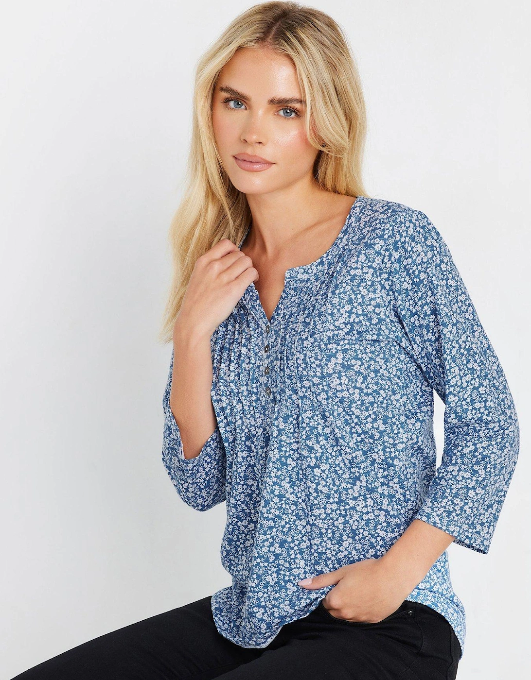 Petite 3/4 Sleeve Ditsy Top - Blue, 2 of 1