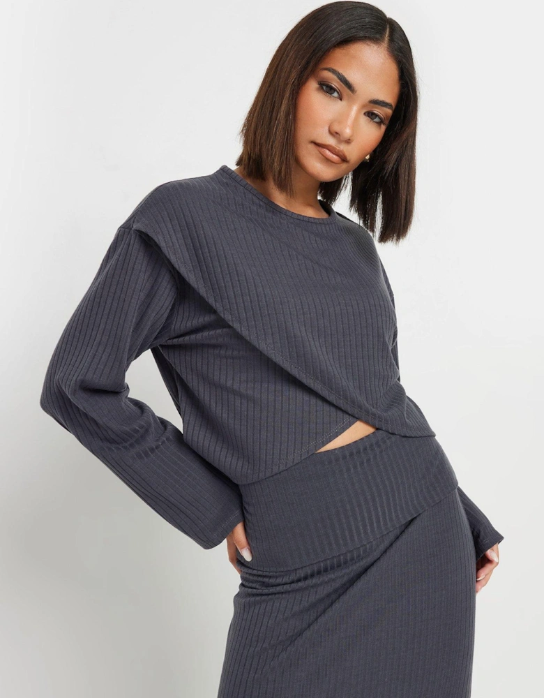 Petite Rib Cross Over Top - Grey