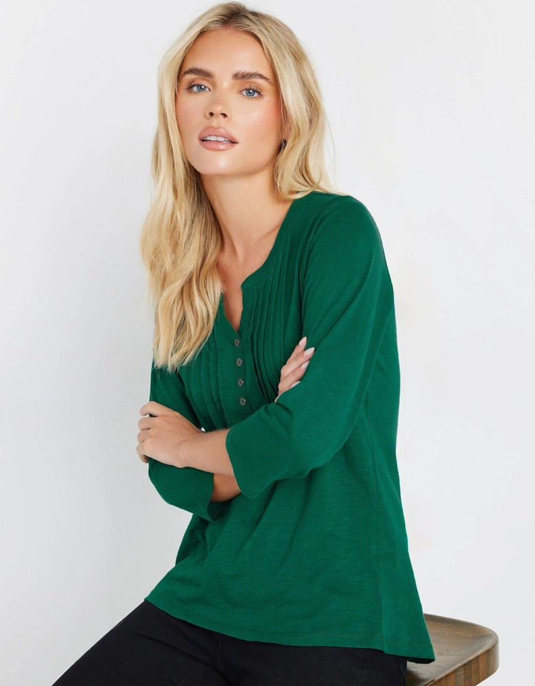 Petite 3/4 Sleeve Henley Top - Green