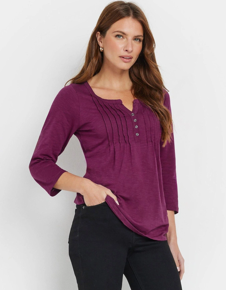 3/4 Sleeve Cotton Henley Top - Pink