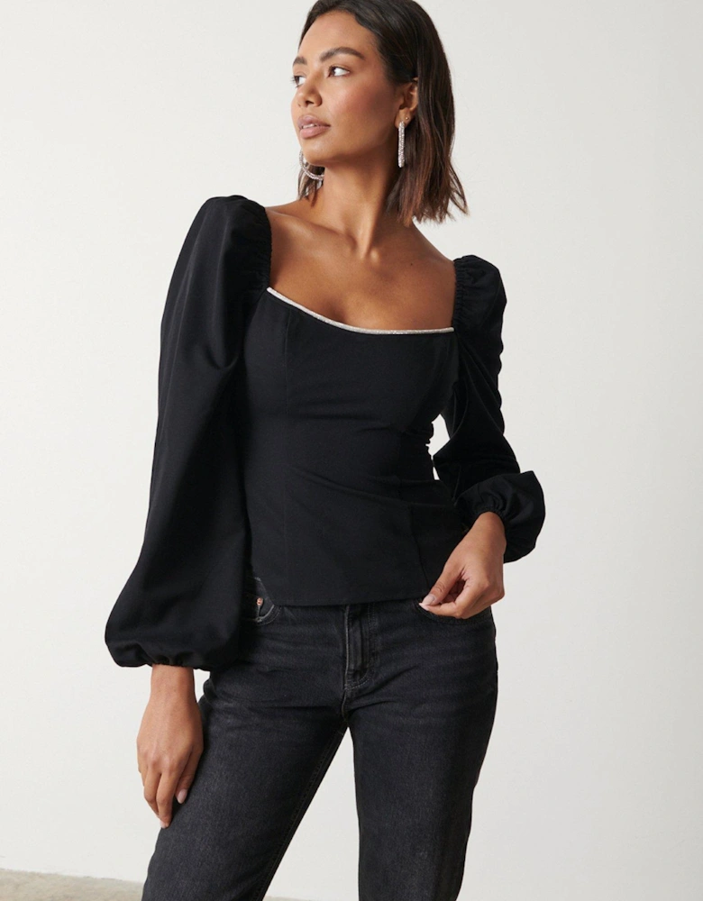 Puff Sleeve Square Neck Top - Black