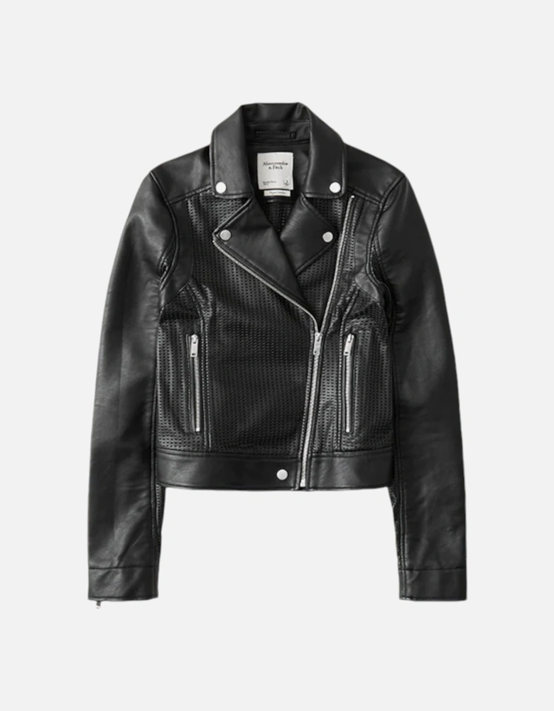 Womens Leather Biker Jacket Vegan Perforated Moto A&F Black