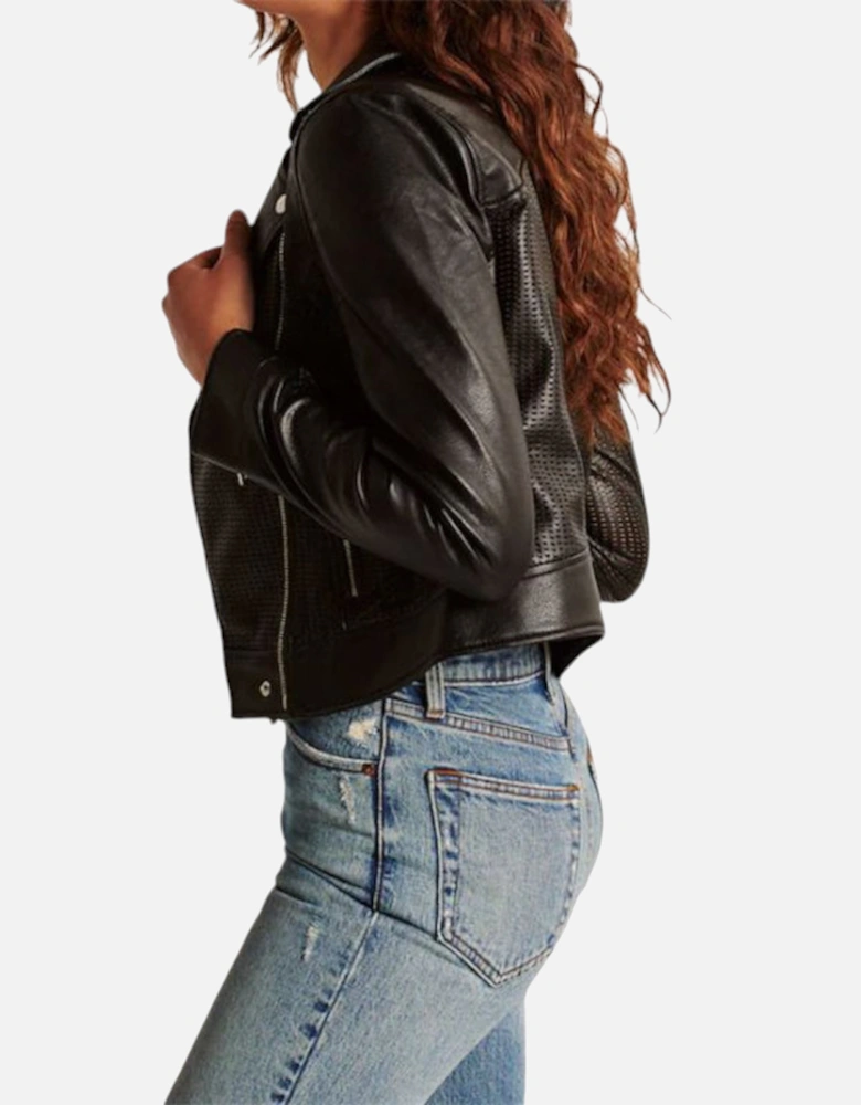 Womens Leather Biker Jacket Vegan Perforated Moto A&F Black