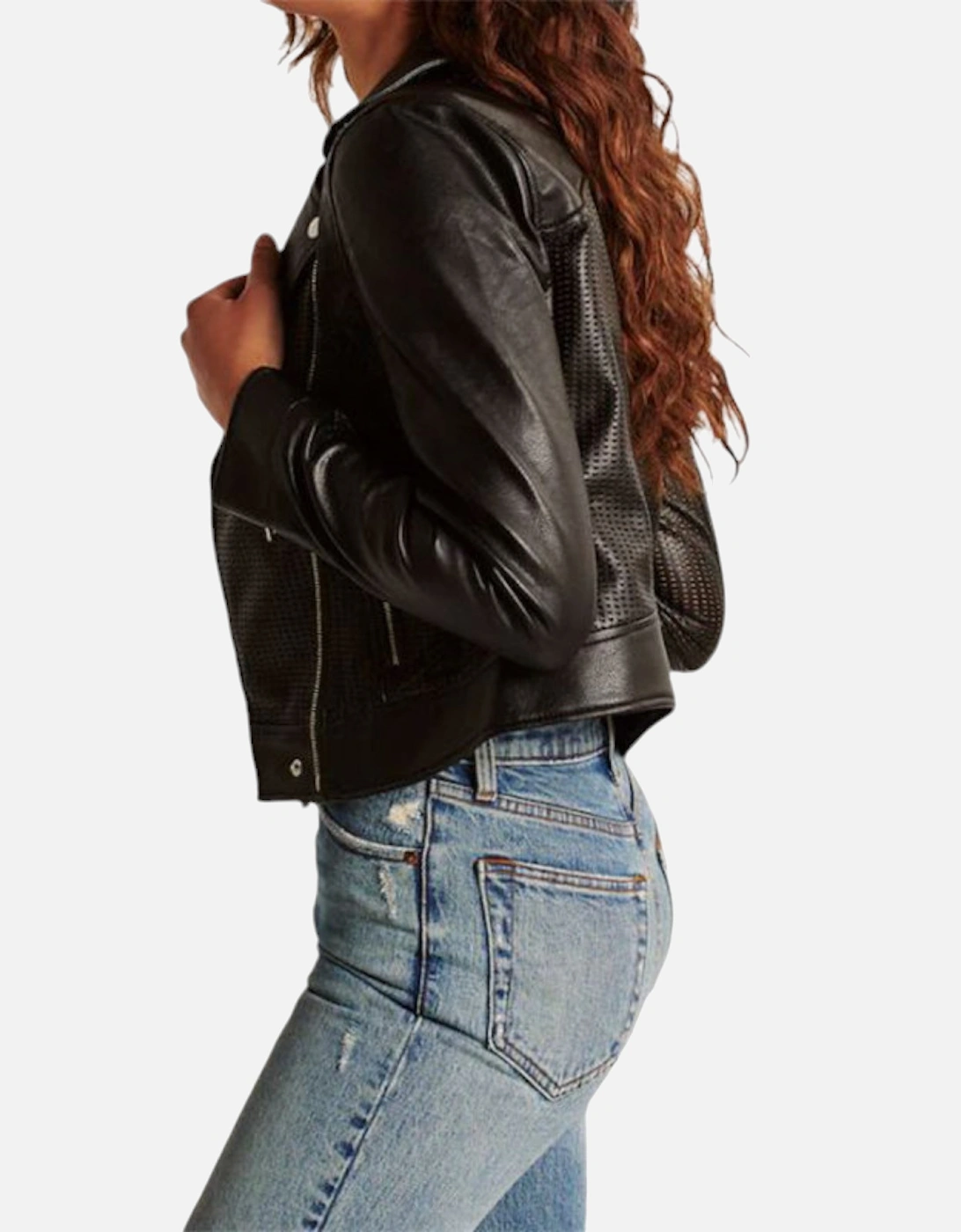 Womens Leather Biker Jacket Vegan Perforated Moto A&F Black