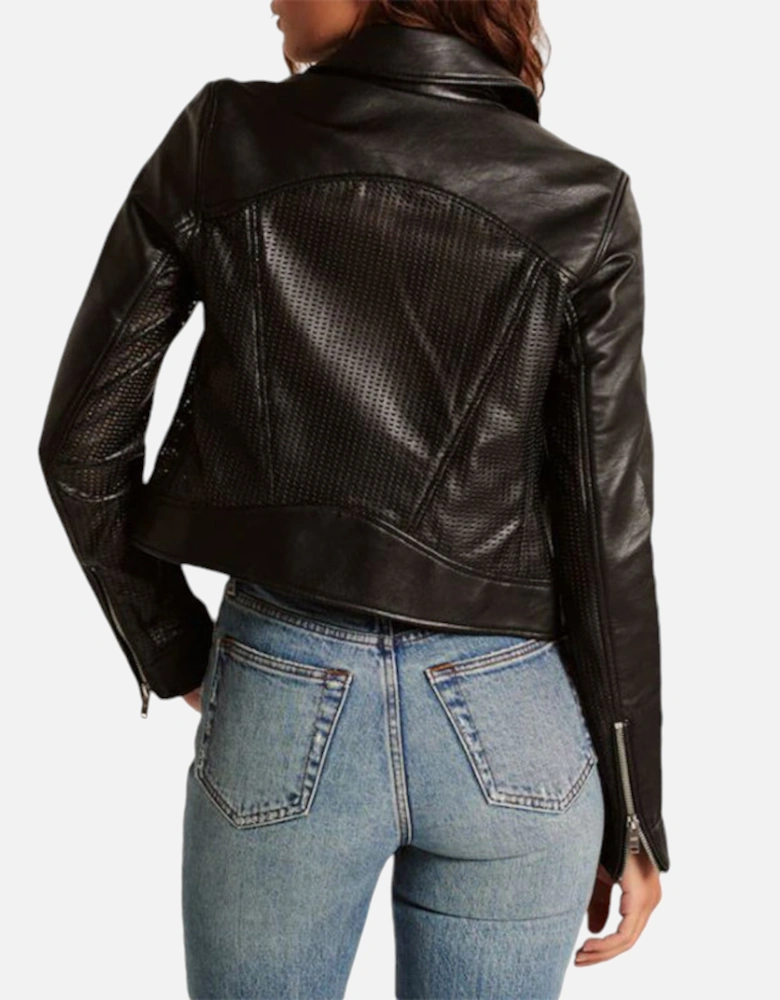 Womens Leather Biker Jacket Vegan Perforated Moto A&F Black